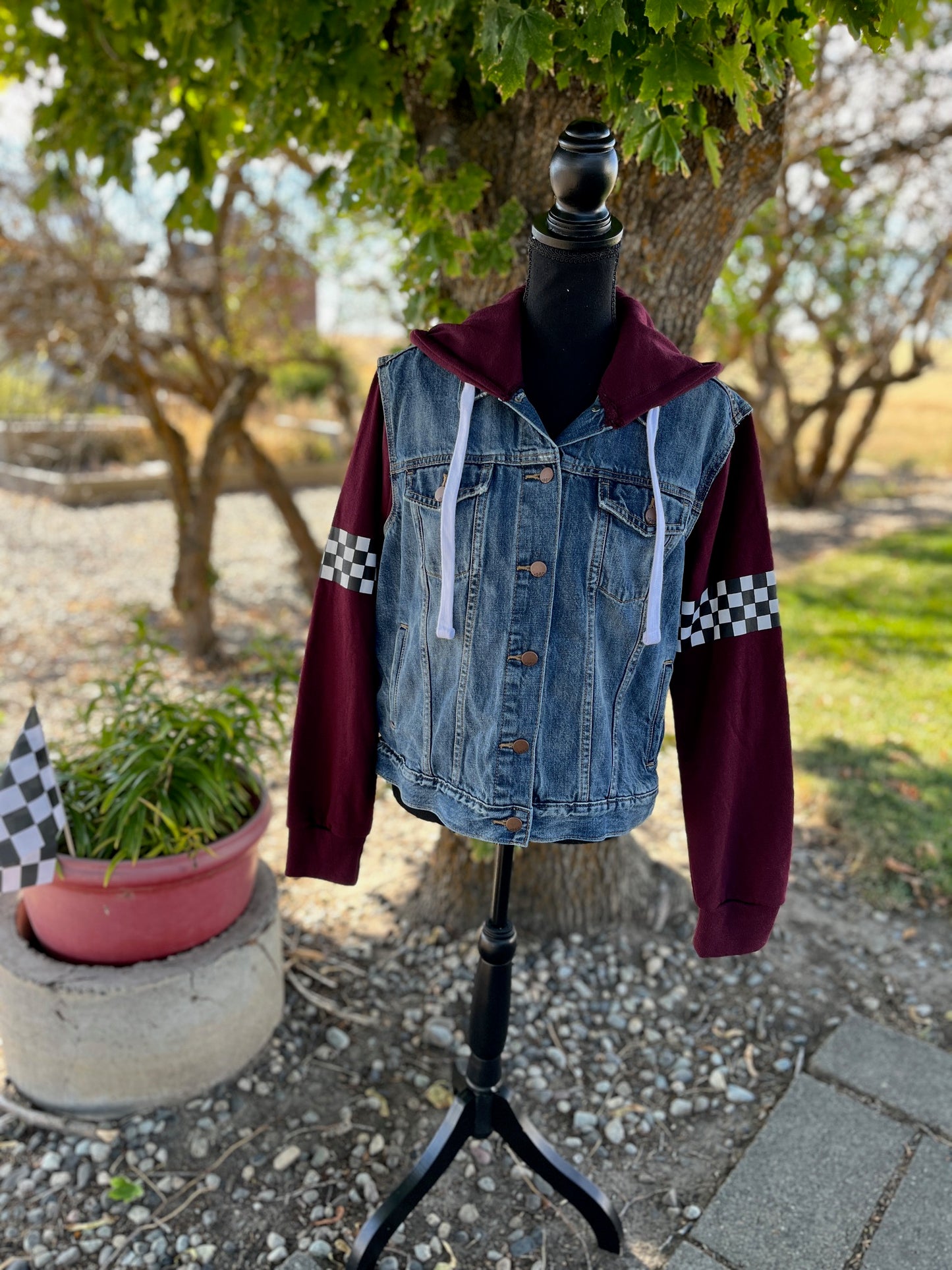 Checkered Sweatshirt/Denim Jacket - Women's Large